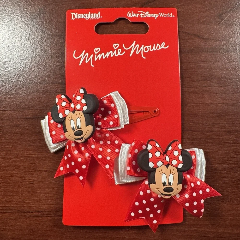Disney Parks Minnie Mouse Red Polka Dot Bow Hair Clips Set of 2 New
